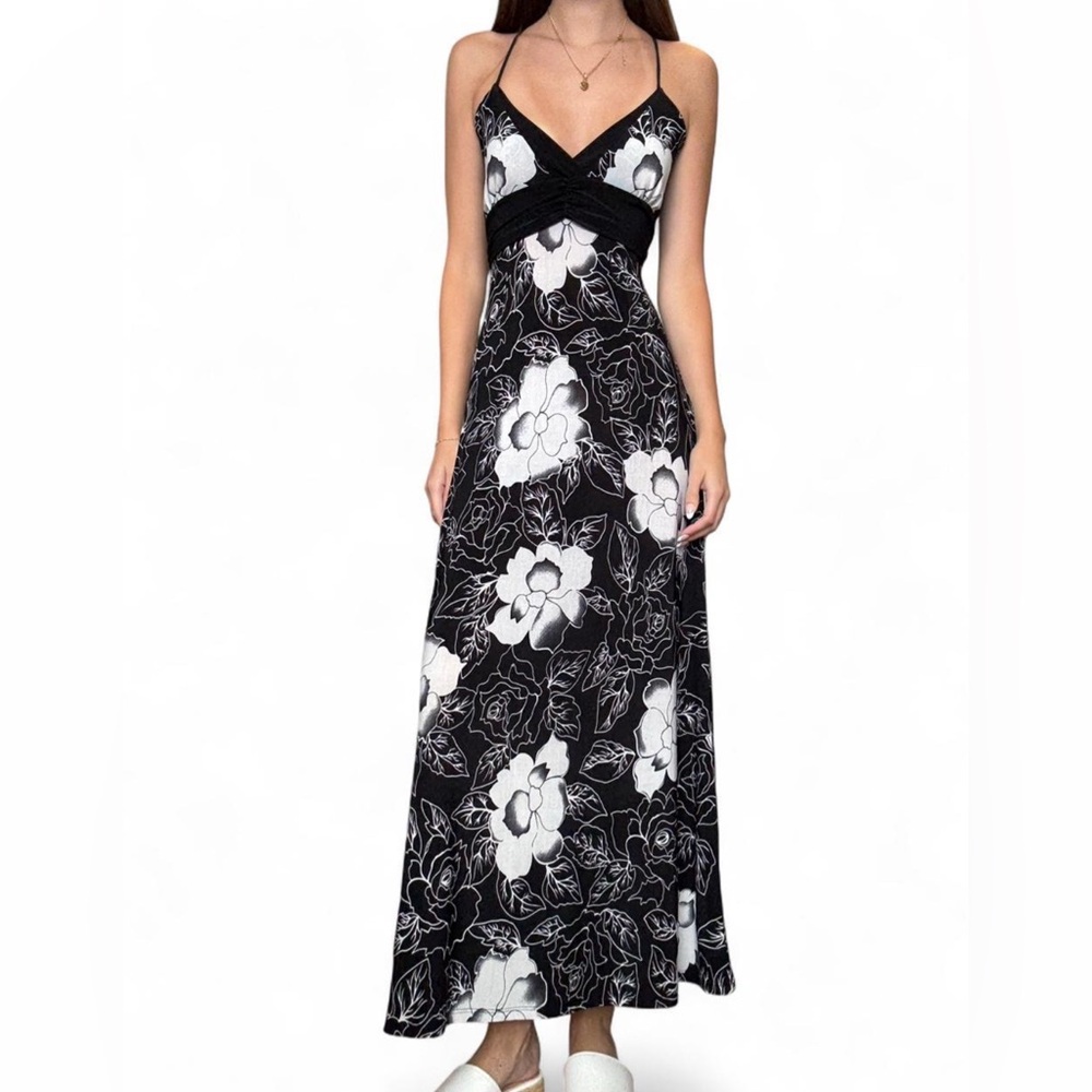 Black & White Floral Maxi Dress with Spaghetti Straps